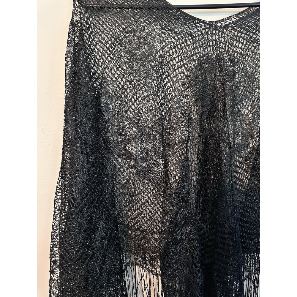 Black Lace Fringe Kimono Cover Up ONE SIZE Boho Sheer Floral Poncho Shawl Top - Picture 12 of 16